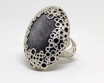 Huge Black Silver Obsidian Oval Big Dot Sterling Silver Ring, Unique Design Statement Extra Big Stone Ring, Armenian Jewelry