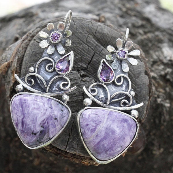 Sterling zilveren bloemen Charoite Dangle sierlijke oorbellen sieraden, paarse natuurlijke Charoite steen handgemaakte oorbellen, Armeense sieraden