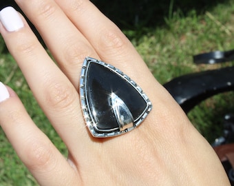 Black Obsidian Stone Sterling Silver Adjustable Gothic Ring, Statement Gift For Her Vintage Mother Jewelry, Armenian Silver