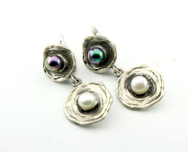 Pearl Statement Ring Handmade Silver Pearl Set Open Solid Silver Pearl Earrings White /& Black Pearl Silver Set Alternative Ring