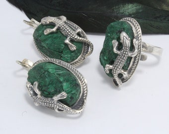 Silver Raw Malachite Ring Earrings Lizard Jewelry Set, Sterling Silver Green Stone Jewelry, Bohemian Raw Gemstone Armenian Jewellery