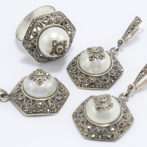 Marcasite Pearl Dangle Earrings Ring Necklace Sterling Silver Jewelry Set, Stone Dainty Bohemian Armenian Jewelry Set