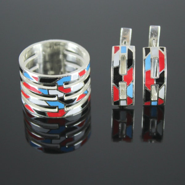 Sterling Silver Enamel Wide Ring Stud Earrings Jewelry Set, Minimalist Armenian Jewelry