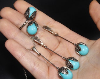 Silver Turquoise Stone Ring Earrings Necklace Jewelry Set, Gemstone Dangle Dainty Armenian Jewelry