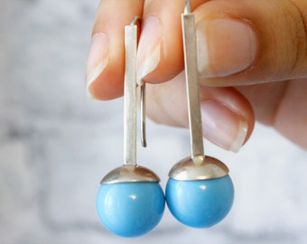 Turquoise Bead Stone Sterling Silver Long Dangle Drop Earrings, Dainty Elegant Minimalist Blue Stone Beach Earrings, Armenian Jewelry