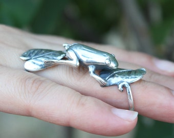 Sterling Silver Full Finger Frog Double Art Deco Ring Jewelry, Statement Boho Gift For Her Amphibious Knuckles Armenian Jewelry
