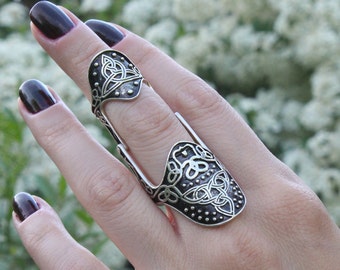 Sterling Silver Full Finger Double Knuckles Black Boho Ring, Big Statement Bohemian Black Ring, Armenian Ethnic Jewelry