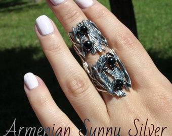 Sterling Silver Full Finger Double Large Knuckles Boho Ring, Big Bohemian Gift For Her Obsidian Armor Grunge Armenian Jewelry