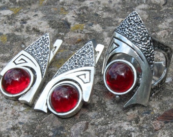 Sterling Silver Red Garnet Stone Ring Earrings Jewelry Set, Boho Ethnic Style, Gemstones Handmade Statement Jewelry, Armenian Gift