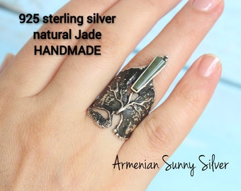 Sterling silver green Jade thick chunky branch nature ring, Art Deco unique statement thumb ring, Armenian Boho Handmade Jewelry