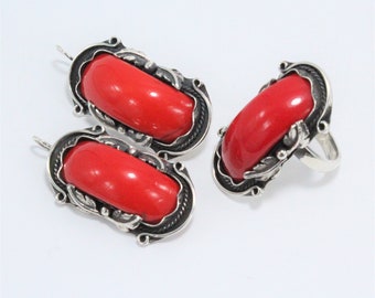 925 Silver Coral Adjustable Ring Dangle Earrings Jewelry Set, Unique Mothers Day Gift, Sterling Red Stone Jewelry, Art Deco Armenian Jewelry