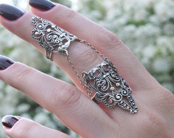 Ethno Double Ring, Sterling Silver Full Finger Ring, Filigree Double Ring, Adjustable Big Ring