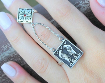 Birds Full Finger Double Adjustable Chain Eagles Silver Ring, Sterling Armenian Ethnic Ornament Unique Boho Jewelry