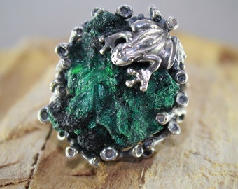 Sterling Silver Raw Malachite Frog Ring, Druzy Gemstone Vintage Style 925 Silver Ring, Boho Chic Ring, Trendy Ring, Large Gemstone Ring