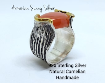 Red Carnelian Agate Nature 925 Sterling SIlver Ring Boho Wide Bohemian Jewelry, Gold Plated Handmade Unique Armenian Jewelry