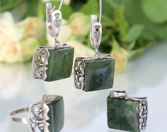 Nephrit Achat Sterling Silber Schmuck Set - Natürliche Grüne Jade Art Deco Schmuck, Jugendstil Schmuck, Armenischer Schmuck Set, Geschenk für Mutter