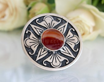 Agate Sterling Silver Circle Floral Ornament Statement Ring, Red Stone Boho Ring, Moss Agate Big Ethnic Ring, Armenian Unique Jewelry