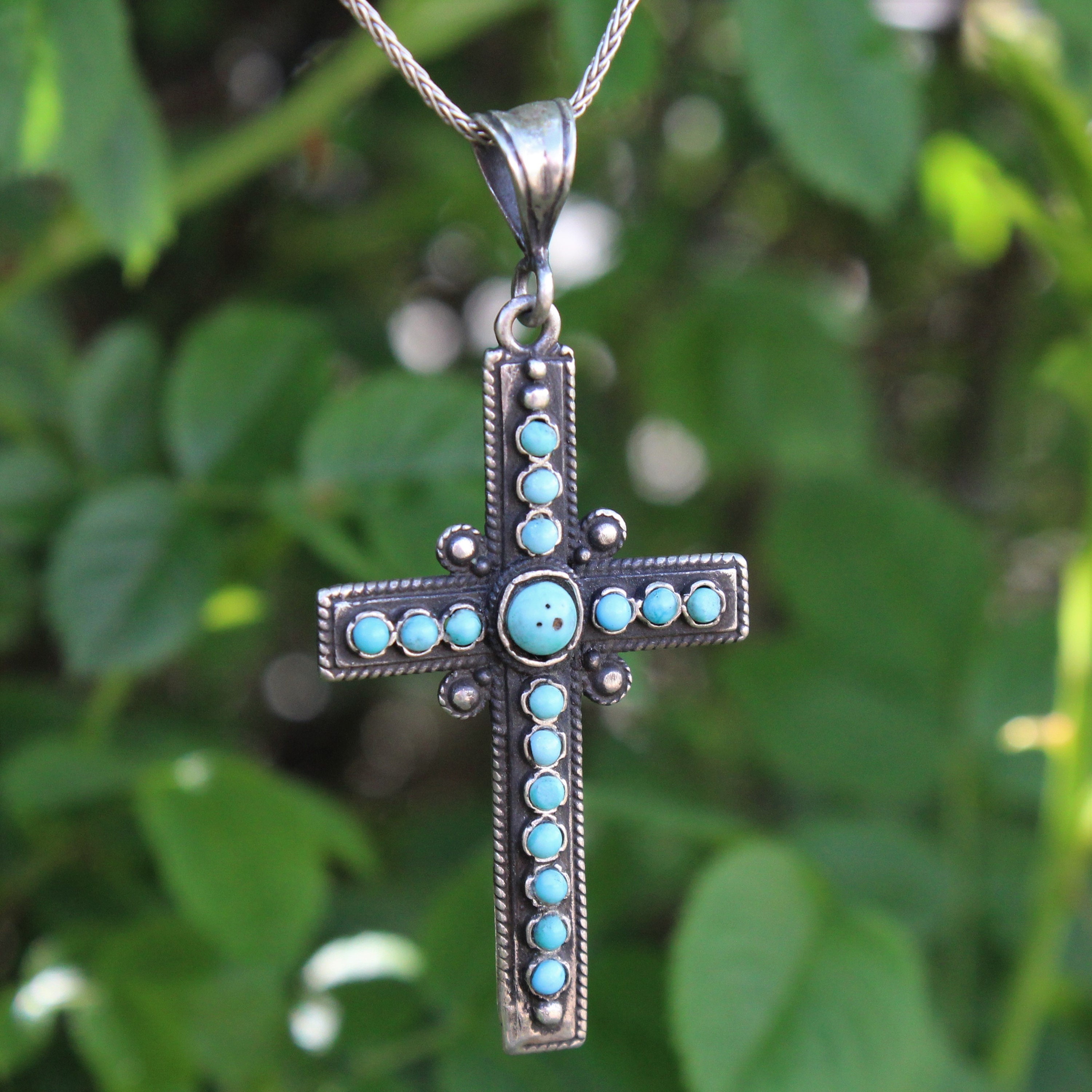 Sterling Silver Turquoise Stone Cross Chain Pendant Necklace