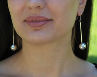 Long Sterling Silver Minimalist Ball Dangle Drop Earrings, Mother's Day Gift, Earrings For Women, Big Hoop Silver Ball Armenian Jewelry
