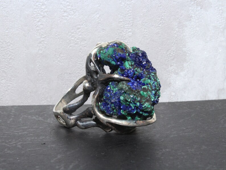 Sterling Silver Gemstone Raw Azurmalahite Ring Druzy Vintage Style 925 Silver Ring, Boho Chic Ring, Trendy Ring, Large Gemstone Ring image 5