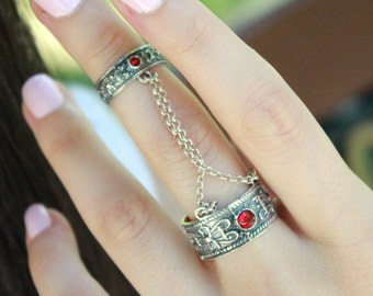 Double Ring With Chains  - Ethno Gemstone Rings, Double rings Garnet Gemstones, Gift For Her