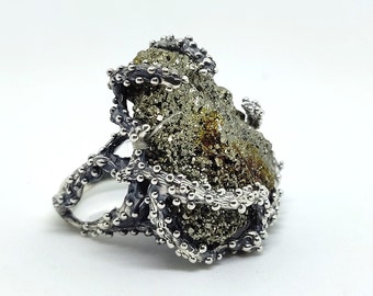 Huge RAW Golden Pyrite Big Stone Sterling Silver Branch Ring, Statement Boho Big Size Art Deco Unique Design Armenian Jewelry