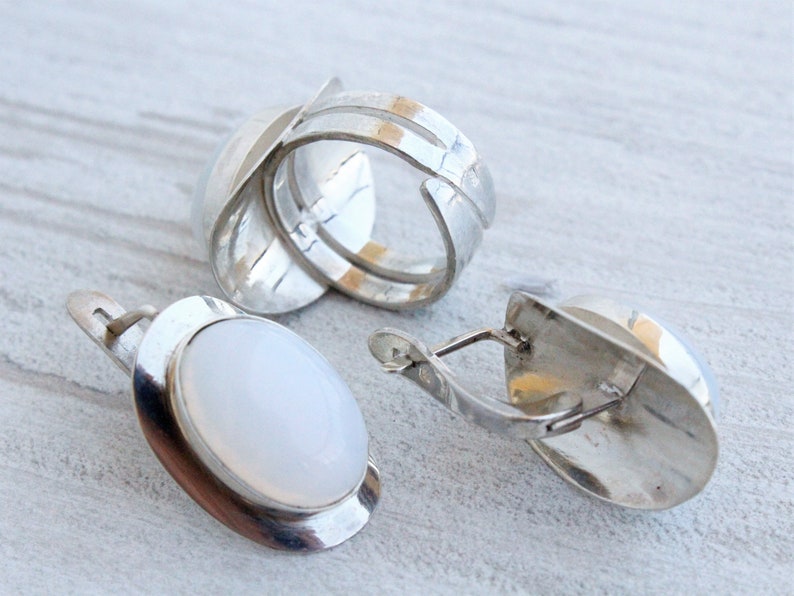 Sterling Silver Moonstone Ring Earrings Classic Jewelry Set, Oval Statement Handmade Adjustable Gemstone Womens Mothers Day Gift, Armenian image 9