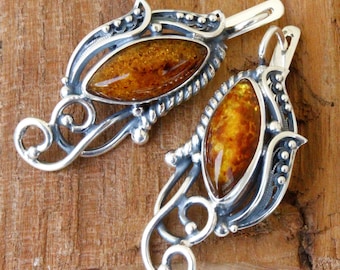 Natural Baltic Orange Amber Bohemian Long Earrings Sterling Silver, Big Gemstone Statement Dangle Luxury Earrings, Armenian Jewelry