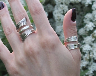 Knuckle Double Boho Sterling Silver Adjustable Thumb Rings Set, Full Finger Spiral Band Swirl Armenian Ring Jewelry