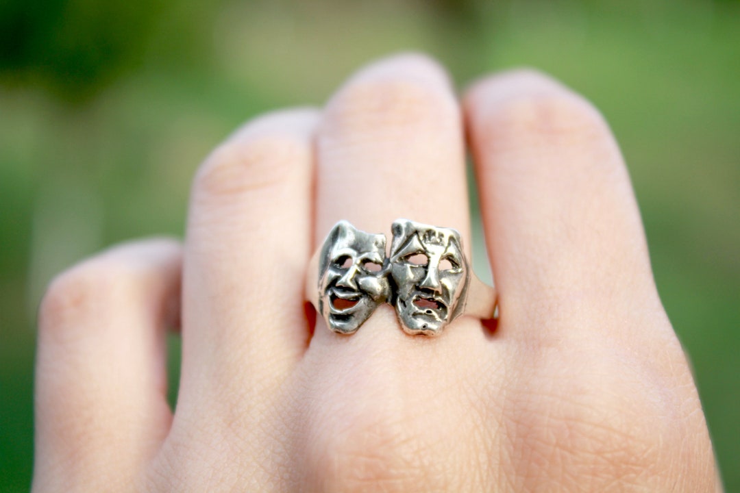 Comedy Tragedy Mask Jewelry Sterling Silver Face Ring, Actress Gift