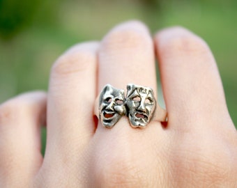 Comedy Tragedy Mask Jewelry - Sterling Silver Face Ring, Actress Gift, Silver Pumpkin, Drama Masks Ring