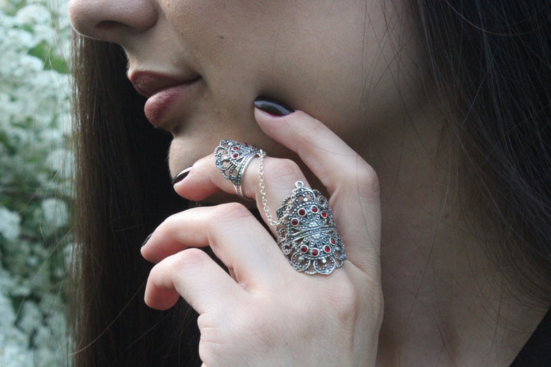 Silver Double Full Finger Red Zircons Adjustable Chain Boho Ring, Armenian Jewelry, Armenian Handmade Rings, Armenian Gifts 925 image 3