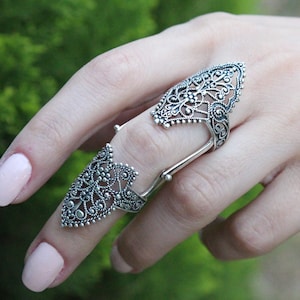 Sterling Silver Full Finger Armor Double Knacker Ring Adjustable, Gift For Her Boho Bohemian Shield Goth Rings, Armenian Jewelry