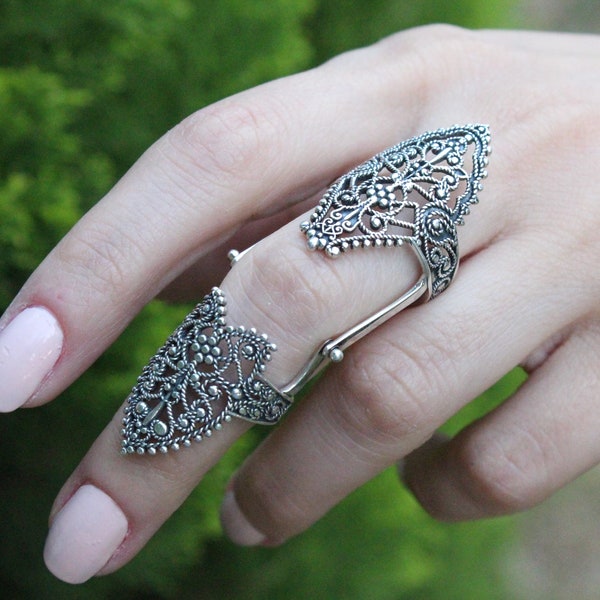 Sterling Silver Full Finger Armor Double Knacker Ring Adjustable, Gift For Her Boho Bohemian Shield Goth Rings, Armenian Jewelry