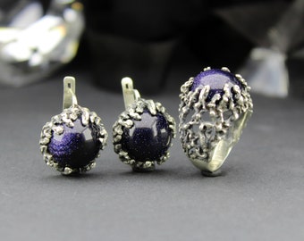 Blue Aventurine Stone Sterling Silver Ring Earrings Jewelry Set, Blue Stone Silver Stud, Blue Galaxy Stone Armenian Unique Jewelry