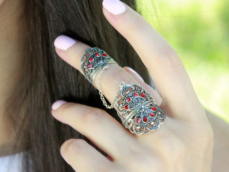 Silver Double Full Finger Red Zircons Adjustable Chain Boho Ring, Armenian Jewelry, Armenian Handmade Rings, Armenian Gifts 925 image 1