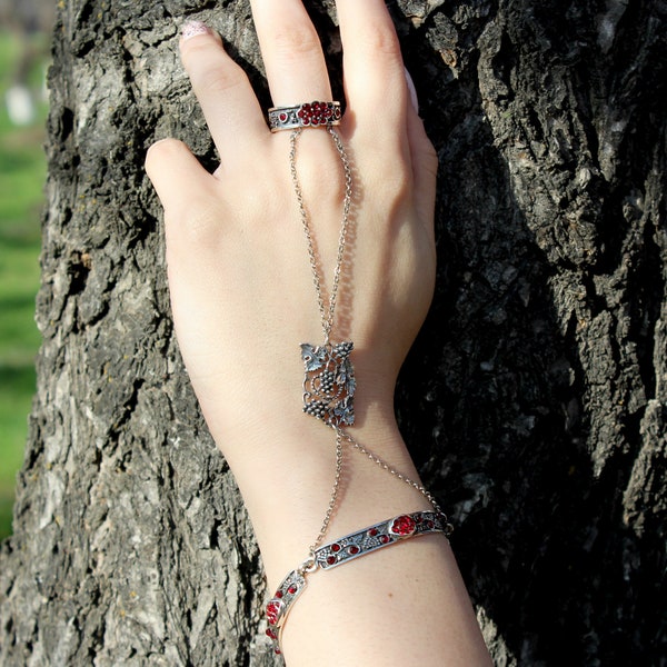 Pomegranate slave bracelet chain ring adjustable sterling silver red stones hand chain Persephone Bracelet, Armenian Jewelry