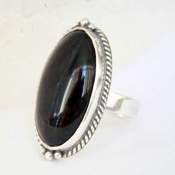 Black Obsidian Gemstone 925 Silver Large Ring - Adjustable Obsidian Jewelry Sterling Silver Ring, Gemstone Ring, Handmade Ring