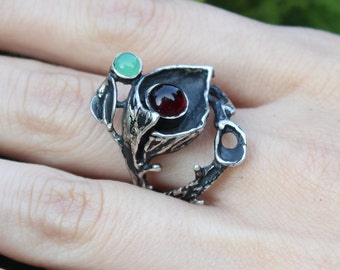 Ring Sterling Silver Garnet Nephrite Floral Branch Vintage Ring For Women, Green Gemstone Flower Statement Armenian Jewelry