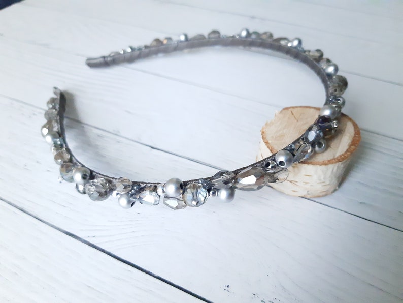 Silver bead tiara Gray hair band Crystal gray headband Beaded Etsy