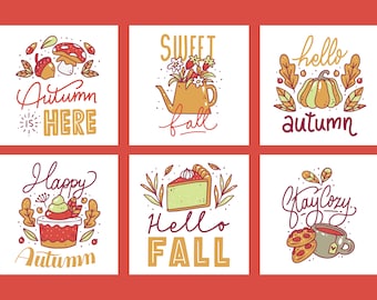 Happy Autumn Fall Season Cards Collection - 6 Greeting Card - Hand Drawn Vector Design