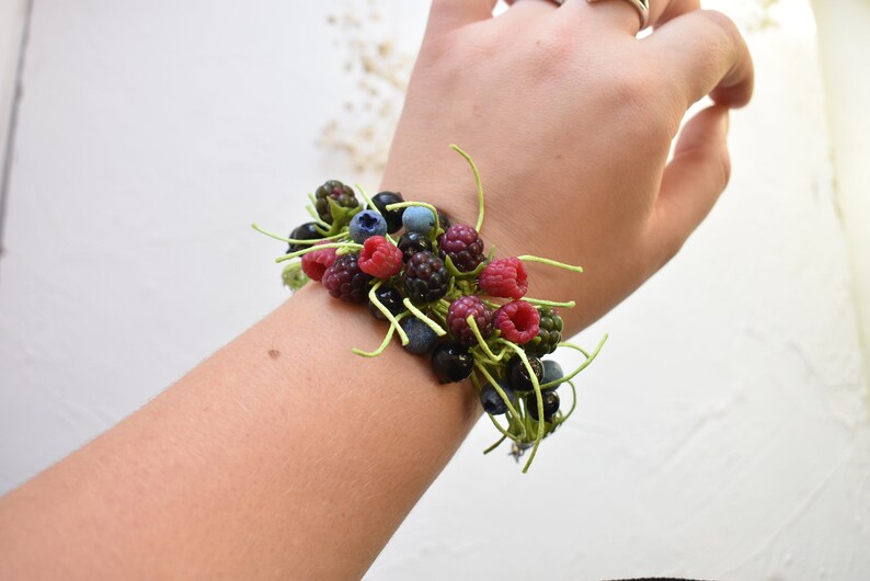 polymer clay blackberries charm bracelet wild berries fruit earrings clay bracelet candy bracelet berry earrings blueberry earrings