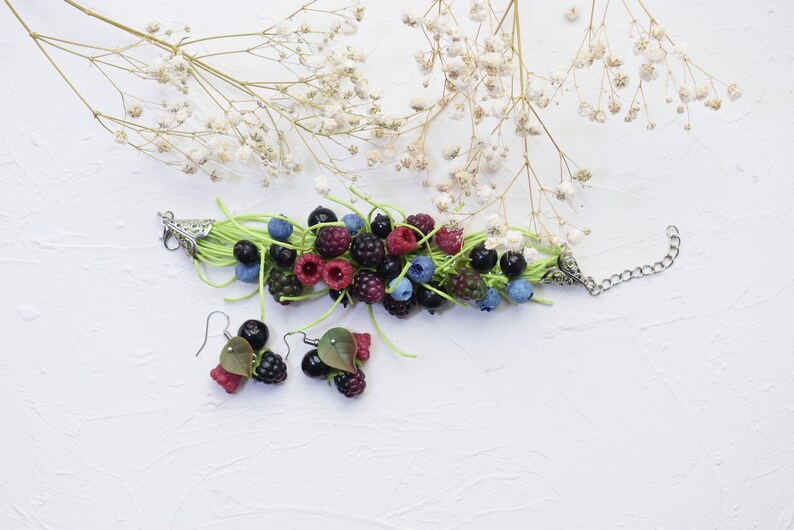 polymer clay blackberries charm bracelet wild berries fruit earrings clay bracelet candy bracelet berry earrings blueberry earrings