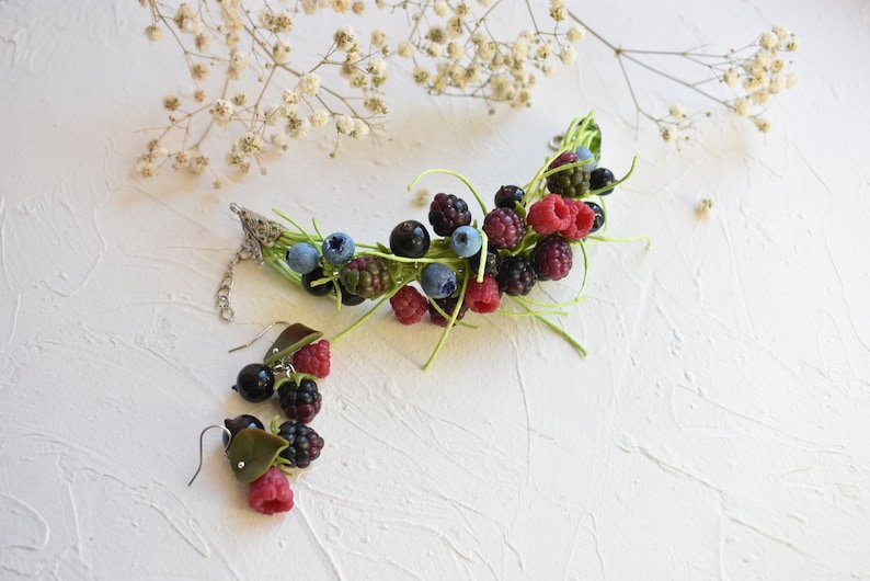 polymer clay blackberries charm bracelet wild berries fruit earrings clay bracelet candy bracelet berry earrings blueberry earrings