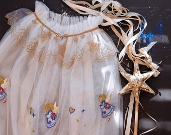 Cape with angels, White Cape, Star Cape, Princess Cape, Christmas Outfit, Christmas costume, Magic Wand, Crown with Stars