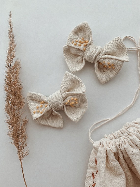 Linen Bows, Embroidery bows, School Bow, Hair Ornament, Baby Bow, Bows Clips, Turmeric Bow, Toddler Hair Bows, Fabric, Hair  Аccessory.