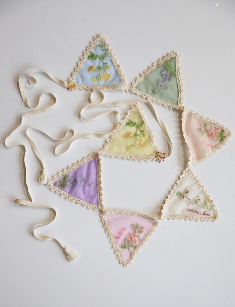 Flowers Embroidery Garland, Tulle Bunting Banner, Nursery and Kids Room Decor, Baby Shower Girl Boy Gift Multicolor