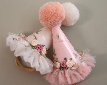 Party Hat, Party hat with flowers, Party hat with embroidery, Mini Partyhat, Birthday Hat, First Birthday Hat, Birthday set , Cake Topper