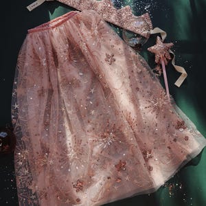 Könnte beinhalten: Ein rosa Tüllrock mit Sternen- und Paillettenverzierungen, ein passender Kragen und ein sternförmiger Zauberstab. Der Rock hat einen elastischen Bund. Kragen und Zauberstab sind mit Glitzer verziert. Auf dunklem Grün angeordnet.