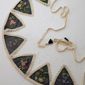 Flowers Embroidery Garland, Tulle Bunting Banner, Nursery and Kids Room Decor, Baby Shower Girl Boy Gift Black